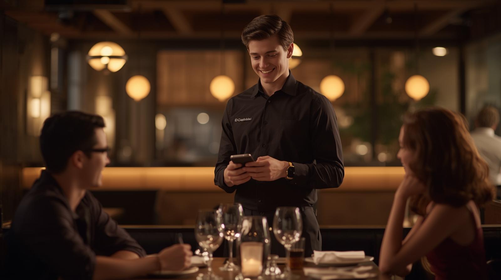 Server confidently using phone at table